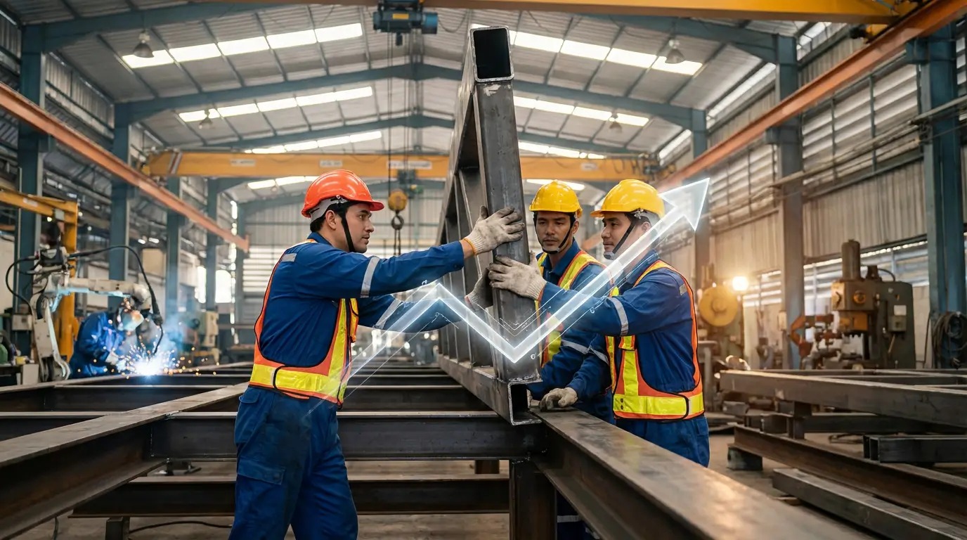 рабочие собирают металлическую раму